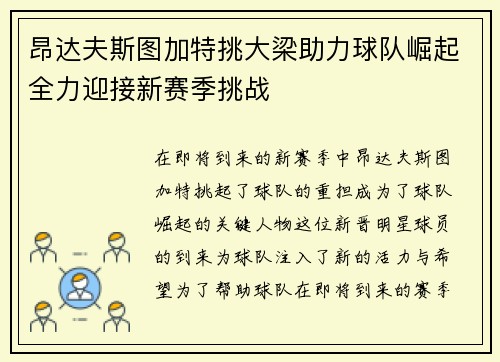 昂达夫斯图加特挑大梁助力球队崛起全力迎接新赛季挑战